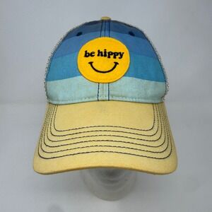 Be Hippy Legacy Blue Striped Smiley Face Trucker Hat Yellow Brim Snapback NEW